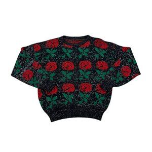 Vintage Women’s Rose Pattern Wool Sweater Black Floral Y2K